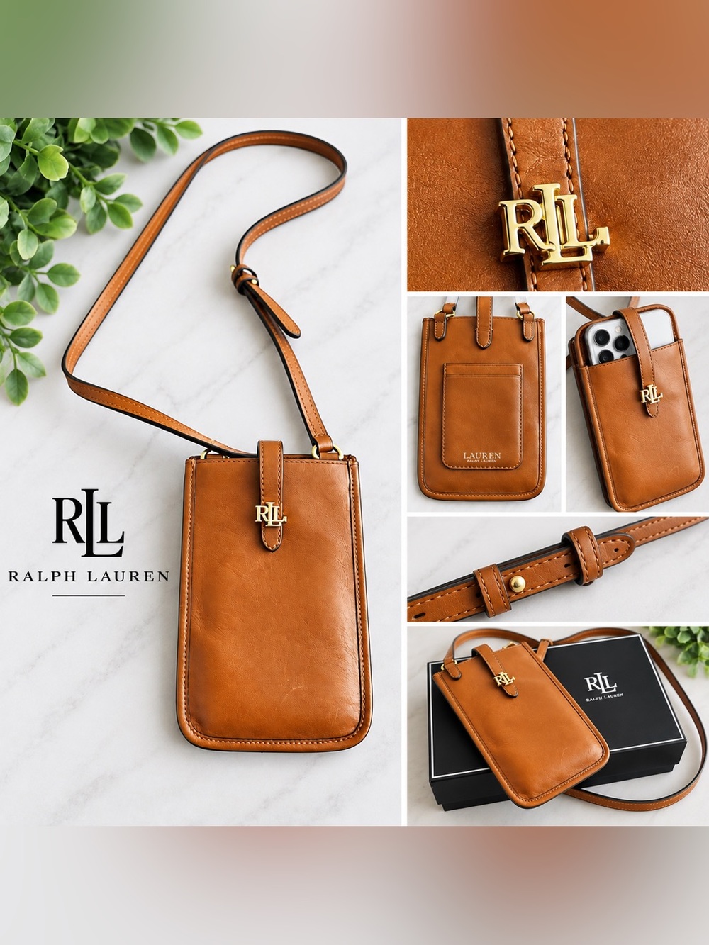 Ralph Lauren Tan Leather Crossbody Phone Pouch with Gold RL Charm
